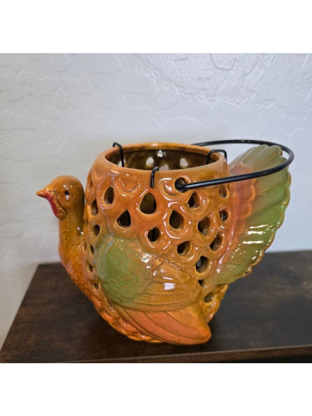 Ceramic Turkey Tealight Holder With Metal Handle Fall Harvest 6" Tall